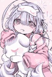 Rule 34 | 1girl, @ @, ahoge, camisole, cardigan, commentary, gibberish commentary, grey hair, hair between eyes, hands up, holding, holding stuffed toy, long hair, long sleeves, looking at viewer, low twintails, mahiru-chan, off shoulder, open cardigan, open clothes, open mouth, pink background, pink cardigan, pink eyes, pokopokotarou1, sidelocks, simple background, single bare shoulder, sleep mask, sleeves past fingers, sleeves past wrists, solo, stuffed animal, stuffed toy, tears, teeth, twintails, upper body, very long hair, vocaloid, white camisole