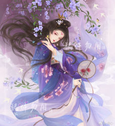 Rule 34 | 1girl, branch, brown hair, bug, butterfly, chinese clothes, eyeshadow, facial mark, floral dress, flower, forehead mark, hair ornament, hand fan, hanfu, holding, holding fan, insect, long hair, long sleeves, looking back, lu c, makeup, original, purple theme, solo, watermark, white background