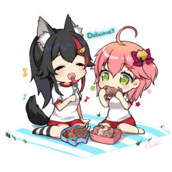 Rule 34 | 2girls, ahoge, alternate costume, animal ear fluff, animal ears, bell, bento, black hair, blush, bow, chibi, commentary request, eating, closed eyes, food, food art, fork, green eyes, gym uniform, hair bell, hair bow, hair ornament, hololive, long hair, multicolored hair, multiple girls, one side up, ookami mio, open mouth, pink hair, red hair, sakura miko, simple background, sitting, star (symbol), streaked hair, subaru duck, tail, taiyaki, tako-san wiener, virtual youtuber, wagashi, wariza, white background, wolf ears, wolf tail, x hair ornament, yuncha