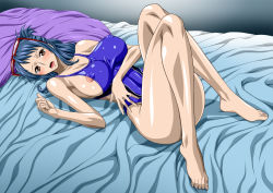 Rule 34 | 1girl, areola slip, bare arms, bare legs, bare shoulders, barefoot, bed, blue hair, blue one-piece swimsuit, blush, breasts, brown eyes, cleavage, covered erect nipples, feet, female focus, game cg, glasses, hair up, large breasts, legs, long hair, looking at viewer, lying, nel-zel formula, on bed, one-piece swimsuit, one piece, shiny skin, sleeveless, solo, swimsuit, tashigi, thighs, toes