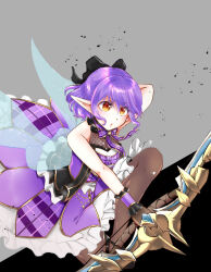 Rule 34 | 1girl, black bow, black vest, blush, bow, bow (weapon), bowtie, breasts, brown eyes, brown pantyhose, character request, commentary request, dress, fairy wings, feet out of frame, frilled dress, frills, hair between eyes, hair bow, highres, holding, holding bow (weapon), holding weapon, medium bangs, medium breasts, moko (gumaguma m), open clothes, open mouth, open vest, pantyhose, plaid, plaid bow, plaid bowtie, plaid dress, pointy ears, purple bow, purple bowtie, purple dress, purple hair, ragnarok masters, ragnarok online, short hair, sleeveless, sleeveless dress, solo, vest, weapon, wings, wrist cuffs