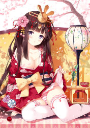 Rule 34 | 1girl, :o, bare shoulders, blunt bangs, blush, bow, breasts, brown hair, cameltoe, cleavage, clothes lift, collarbone, commentary request, fingernails, floral print, flower, head tilt, japanese clothes, kimono, kimono lift, lifted by self, long hair, long sleeves, looking at viewer, medium breasts, miyase mahiro, obi, off shoulder, orange flower, original, panties, parted lips, print kimono, purple eyes, red kimono, saishi, sash, sitting, solo, striped clothes, striped panties, thighhighs, underwear, vase, very long hair, white thighhighs, wide sleeves, yellow bow
