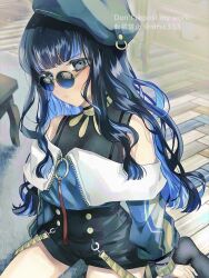 Rule 34 | 1girl, bare shoulders, beret, black hair, black shorts, blue hair, bracelet, breasts, buttons, colored inner hair, double-breasted, fate/grand order, fate (series), green hat, green jacket, grey eyes, hat, highres, jacket, jewelry, long hair, looking at viewer, multicolored hair, murasaki yuna, neck ring, o-ring, off shoulder, round eyewear, shorts, sidelocks, small breasts, solo, sunglasses, tenochtitlan (fate), tenochtitlan (second ascension) (fate), thighs, wavy hair, zipper