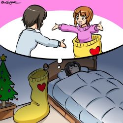 Rule 34 | 2girls, bed, bedroom, brown eyes, brown hair, christmas stocking, christmas tree, commentary, dreaming, girls und panzer, heart, indoors, kogane (staygold), long sleeves, looking at another, lowres, lying, multiple girls, nishizumi maho, nishizumi miho, on back, one-hour drawing challenge, open mouth, outstretched arms, pink sweater, purple sweater, short hair, siblings, sidelocks, sisters, sleeping, smile, standing, sweater, thought bubble, twitter username, white sweater