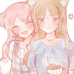 2girls anger_vein animal_ears bang_dream! bang_dream!_it&#039;s_mygo!!!!! blue_eyes blush brown_hair chihaya_anon closed_eyes closed_mouth commentary dog_ears dog_girl fork fox_ears fox_girl hashtag-only_commentary highres holding holding_fork kemonomimi_mode long_hair looking_at_viewer multiple_girls nagasaki_soyo neeeeko_(mw070291) open_mouth smile translated upper_body