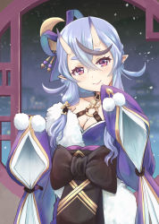 Rule 34 | 1girl, blue hair, bow, breasts, choker, cleavage, commentary request, crescent, crescent hair ornament, fur trim, hair between eyes, hair ornament, hair stick, haniwa (leaf garden), highres, horns, japanese clothes, kimono, long hair, long sleeves, looking at viewer, mole, mole under mouth, night, night sky, nijisanji, o-ring, off shoulder, pointy ears, purple eyes, rindou mikoto, sidelocks, skin-covered horns, sky, smile, solo, upper body, virtual youtuber, wide sleeves, window