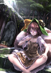 Rule 34 | 1girl, barefoot, bell, bottle, bow, breasts, brown dress, brown hair, building, butterfly sitting, buttons, cleavage, collarbone, dress, dutch angle, floral print, futatsuiwa mamizou, glasses, hand on own knee, hat, hat bow, highres, holding, holding smoking pipe, jingle bell, jizou, kiseru, light rays, looking at viewer, moss, nature, outdoors, pillar, plant, red-framed eyewear, red eyes, ryosios, semi-rimless eyewear, short hair, short sleeves, sitting, smile, smoking pipe, solo, stairs, statue, sunlight, touhou, tree, under-rim eyewear