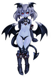 Rule 34 | 1girl, black gloves, black panties, black thighhighs, blue skin, blush, boots, breasts, clothing cutout, colored skin, demon girl, demon tail, devil (monster girl encyclopedia), earrings, full body, gloves, head wings, heart, heart cutout, jewelry, kenkou cross, looking at viewer, monster girl, monster girl encyclopedia, monster girl encyclopedia ii, navel, official art, panties, simple background, skull, small breasts, solo, tail, thighhighs, tongue, underwear, white background, wings