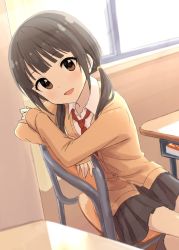 Rule 34 | 1girl, :d, bare legs, black hair, blue skirt, blunt bangs, blush, brown eyes, brown hair, buttons, cardigan, chair, collared shirt, day, desk, hair between eyes, hair tie, head tilt, indoors, jacket, light, looking at viewer, mugi (banban53), necktie, on chair, open mouth, original, pleated skirt, red necktie, school, school uniform, shirt, sitting, skirt, sleeves past wrists, smile, solo, sunlight, sweater, twintails, white shirt, window