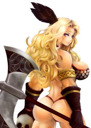 Rule 34 | 1girl, absurdres, amazon (dragon&#039;s crown), armlet, armor, armorkini, ass, axe, back, bad id, bad pixiv id, bikini, bikini armor, blonde hair, breasts, circlet, dragon&#039;s crown, feathers, gloves, highres, huge breasts, large breasts, long hair, looking at viewer, muscular, muscular female, purple eyes, shin psalm, simple background, solo, standing, swimsuit, thick thighs, thighs, thong bikini, weapon, white background