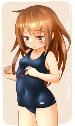 Rule 34 | 1girl, blue one-piece swimsuit, breasts, brown eyes, brown hair, cowboy shot, unworn eyewear, holding, holding removed eyewear, kantai collection, long hair, mochizuki (kancolle), old school swimsuit, one-hour drawing challenge, one-piece swimsuit, ray.s, red-framed eyewear, school swimsuit, small breasts, solo, standing, swimsuit