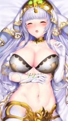 Rule 34 | 1girl, bare shoulders, blunt bangs, blush, breasts, bridal veil, cleavage, closed eyes, collarbone, echidna (granblue fantasy), elbow gloves, gloves, granblue fantasy, hair ornament, highres, kuro chairo no neko, lamia, large breasts, long hair, lying, monster girl, navel, on back, pelvic curtain, scales, silver hair, solo, stomach, teeth, upper teeth only, veil, very long hair, white gloves
