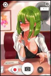 Rule 34 | absurdres, bad id, bad twitter id, black dress, blue eyes, blush, commentary request, dress, embarrassed, flashing, fork, glas, green hair, highres, jacket, jewelry, long sleeves, looking at viewer, necklace, nipples, nose blush, one breast out, one eye closed, open clothes, open jacket, open mouth, oppai challenge, painting (object), fake phone screenshot, plate, short hair, sitting, solo, suisogenshi, table, white jacket