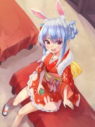 Rule 34 | 1girl, :d, absurdres, animal ear fluff, animal ears, asao (flavor of morning), bare legs, black footwear, blue hair, breasts, commentary, cup, don-chan (usada pekora), from above, full body, hair between eyes, hair bun, highres, holding, holding cup, hololive, huge filesize, japanese clothes, kimono, light blue hair, looking at viewer, looking up, medium breasts, medium hair, obi, open mouth, parted bangs, rabbit ears, red eyes, red kimono, sandals, sash, short kimono, single hair bun, sitting, smile, socks, solo, symbol in eye, teacup, thick eyebrows, thighs, usada pekora, usada pekora (new year), virtual youtuber, white hair, white socks