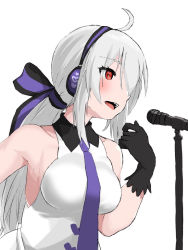 Rule 34 | 1girl, ahoge, armpits, bare shoulders, black gloves, breasts, commentary, gloves, hair ribbon, hand up, headphones, heart, heart print, highres, large breasts, long hair, looking to the side, microphone, microphone stand, music, nishikino kee, open mouth, ponytail, red eyes, ribbon, shirt, singing, sleeveless, sleeveless shirt, solo, vocaloid, white background, white hair, white shirt, yowane haku