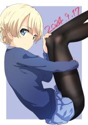 1girl black_pantyhose blonde_hair blue_background blue_eyes blue_skirt blush border braid breasts buchikaki closed_mouth darjeeling_(girls_und_panzer) dated girls_und_panzer highres looking_at_viewer miniskirt pantyhose school_uniform simple_background skirt small_breasts smile solo st._gloriana&#039;s_school_uniform white_border