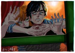 Rule 34 | 1boy, 1girl, against glass, black hair, blunt bangs, clenched teeth, curtains, hands up, indoors, kaneoya sachiko, looking at another, orange hair, original, shirt, short hair, strangling, striped clothes, striped shirt, teeth, white eyes, window, yellow eyes