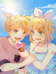 Rule 34 | 1boy, 1girl, ^^^, aqua eyes, beach, blonde hair, blue dress, bow, brother and sister, commentary, day, dress, eating, food, food theft, hair bow, hair ornament, hairclip, hand on another&#039;s arm, highres, ice cream, ice cream cone, kagamine len, kagamine rin, keaifeng, ocean, open mouth, outdoors, pink shirt, shirt, short hair, short ponytail, shoulder tattoo, siblings, spiked hair, sun, swept bangs, tattoo, upper body, vocaloid, white bow