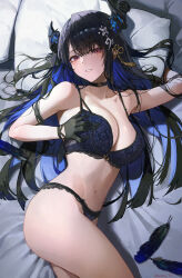 Rule 34 | 1girl, absurdres, asymmetrical horns, bare shoulders, black gloves, black hair, blue bra, blue hair, blush, bra, breasts, cleavage, colored inner hair, commentary, crystal horn, demon horns, english commentary, feathers, flower knot, from above, gloves, hair ornament, hair spread out, head on pillow, highres, hololive, hololive english, horn flower, horns, large breasts, lingerie, looking at viewer, lying, mole, mole under eye, multicolored hair, navel, nerissa ravencroft, on side, panties, parted lips, pillow, red eyes, slit pupils, smile, solo, sooon, stomach, string panties, tassel, tassel hair ornament, thighs, twisted torso, two-tone hair, underwear, underwear only, uneven horns, virtual youtuber
