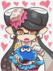 +_+ 1girl angry black_hair callie_(splatoon) holding jelonzo_(splatoon) jewelry long_hair looking_at_viewer ma2acworks mole mole_under_eye nintendo open_mouth poking splatoon_(series) splatoon_1 tentacle_hair