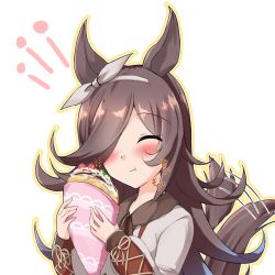 Rule 34 | 1girl, :t, animal ears, arms up, blush, brown hair, closed eyes, commentary request, crepe, eating, food, fruit, hair over one eye, hair ribbon, highres, holding, holding food, horse ears, horse girl, horse tail, long hair, motion lines, outline, ribbon, rice shower (umamusume), rody (hayama yuu), shirt, solo, standing, strawberry, swept bangs, tail, tail wagging, umamusume, upper body, very long hair, whipped cream, white background, white shirt, yellow outline