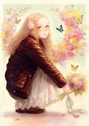 Rule 34 | 1girl, absurdres, blonde hair, bouquet, braid, bug, butterfly, dress, eyelashes, flower, forehead, french braid, hair flower, hair ornament, highres, bug, jacket, leather, leather jacket, lips, long hair, looking at viewer, looking to the side, muted color, original, romiy, shoes, solo, squatting, yellow eyes