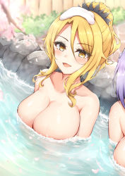 Rule 34 | 2girls, :d, bath, bathing, blonde hair, blush, braid, breasts, bush, cherry blossoms, christina (princess connect!), collarbone, commentary request, completely nude, day, fence, french braid, hair between eyes, highres, jun (princess connect!), large breasts, looking at viewer, multiple girls, nude, onsen, open mouth, outdoors, partially submerged, petals, princess connect!, purple hair, ripples, rock, ryakusun, shiny skin, short hair, sidelocks, smile, steam, towel, towel on head, water, wet, white towel, wooden fence, yellow eyes
