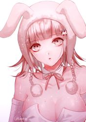 Rule 34 | 1girl, animal ears, animal hat, breasts, collarbone, commentary request, danganronpa (series), danganronpa 2: goodbye despair, detached collar, detached sleeves, face, fake animal ears, flipped hair, hair ornament, hairclip, hat, large breasts, leotard, light brown hair, looking at viewer, mole, mole on breast, nanami chiaki, official alternate costume, parted lips, pink eyes, pink neckwear, pink ribbon, playboy bunny, rabbit ears, rabbit hat, ribbon, sakuyu, short hair, solo, twitter username, white sleeves