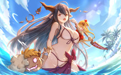 Rule 34 | 1girl, ahoge, bandages, bandaged arm, bandages, bikini, black hair, blue sky, breasts, cloud, danua, doll, draph, granblue fantasy, hair between eyes, highres, horns, large breasts, long hair, looking at viewer, navel, open mouth, palm tree, partially submerged, red eyes, sky, swimsuit, tenshin kagehisa, tree, white bikini