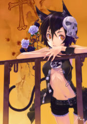 Rule 34 | 1girl, animal ears, bad id, bad pixiv id, black hair, brown eyes, cat ears, cat tail, flower, hair ornament, looking at viewer, navel, open clothes, open mouth, open shirt, original, railing, shirt, short hair, short sleeves, shorts, shounen democratica, skull hair ornament, solo, tail
