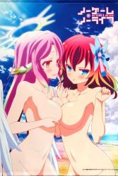 Rule 34 | 2girls, angel, angel wings, artist request, beach, blue eyes, blue sky, blush, breast press, breasts, cloud, cloudy sky, spiked halo, copyright name, day, feathered wings, flower, gradient hair, hair flower, hair ornament, halo, jibril (no game no life), large breasts, long hair, low wings, magic circle, multicolored eyes, multicolored hair, multiple girls, navel, no game no life, non-web source, nude, ocean, official art, open mouth, orange eyes, outdoors, parted lips, pink hair, purple eyes, red hair, sky, stephanie dora, symmetrical docking, topless, very long hair, white wings, wing ears, wings, yellow eyes