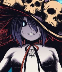 Rule 34 | 1girl, black hair, black sclera, blue background, breasts, bright pupils, close-up, colored sclera, colored skin, grin, hat, looking at viewer, magic circle, neck ribbon, nude, original, red ribbon, ribbon, short hair, skull, small breasts, smile, solo, teeth, wang-pac, white pupils, white skin, witch, witch hat