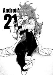 Rule 34 | 1girl, android 21, artist request, character name, coffee cup, cup, disposable cup, dragon ball, dragon ball fighterz, dragonball z, dress, earrings, feet, glasses, highres, jewelry, lab coat, long hair, long sleeves, looking away, messy hair, monochrome, nail polish, no shoes, pantyhose, parted lips, sitting, soles, solo, source request, steam, tagme, toeless legwear, toes