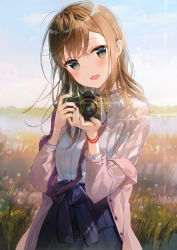 Rule 34 | 1girl, :d, blurry, blush, breasts, brown hair, camera, coat, commentary request, day, depth of field, fuumi (radial engine), green eyes, hair between eyes, head tilt, holding, lens flare, medium breasts, off shoulder, open mouth, original, outdoors, pink coat, skirt, sky, smile, solo, standing, sunlight, sweater, white sweater
