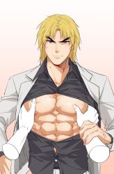 Rule 34 | 1boy, abs, absurdres, alternate costume, anger vein, bara, bare pectorals, black shirt, blonde hair, disembodied hand, forked eyebrows, frown, grabbing, grey jacket, grey suit, highres, jacket, ken masters, looking at viewer, male focus, muscular, muscular male, nipples, open clothes, open jacket, open shirt, pectoral grab, pectoral press, pectorals, pov, shirt, short hair, solo focus, stomach, street fighter, suit, sweatdrop, thick eyebrows, upper body, yuiofire