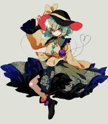 Rule 34 | 1girl, black footwear, black hat, blouse, blush, bow, character name, closed mouth, floral print, green skirt, grey background, hand up, hat, hat bow, ka (marukogedago), komeiji koishi, long sleeves, looking at viewer, shirt, shoes, simple background, skirt, smile, solo, touhou, yellow bow, yellow shirt
