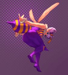 Rule 34 | 1girl, antennae, arthropod girl, ass, bee girl, bent over, blue eyes, breasts, capcom, commentary, compound eyes, cromwaits, english commentary, extra eyes, from below, full body, insect girl, insect wings, knee pads, light purple hair, pantyhose, pointy footwear, purple eyes, purple pantyhose, q-bee, shoes, short hair, sleeveless, solo, spikes, stinger, vampire (game), wings