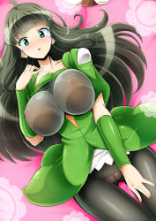 Rule 34 | 1girl, black hair, black pantyhose, blush, breasts, cameltoe, character request, cleft of venus, copyright request, covered erect nipples, green eyes, large breasts, long hair, nami makoto, pantyhose, see-through, solo, tears