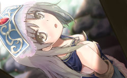 Rule 34 | 1girl, :o, atelier (series), atelier totori, blush, borubikku, breasts, bustier, female focus, from above, grey hair, hat, long hair, looking at viewer, looking up, nipple slip, nipples, open mouth, small breasts, solo, totooria helmold, yellow eyes