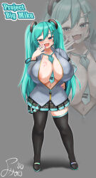 Rule 34 | 1girl, :d, alternate breast size, aqua eyes, aqua hair, areola slip, between breasts, black thighhighs, blush, breast tattoo, breasts, fang, food-themed hair ornament, grey background, hair ornament, hand on own hip, hatsune miku, headset, highres, huge breasts, mesugaki, miniskirt, navel, necktie, necktie between breasts, open mouth, partially unzipped, pleated skirt, purple nails, see-through, see-through sleeves, shortstack, signature, skirt, smile, smug, solo, spring onion hair ornament, tattoo, thighhighs, vocaloid, xiao (gensou8953), zettai ryouiki, zoom layer