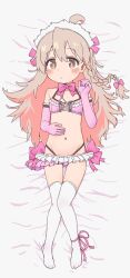 Rule 34 | 1girl, ahoge, bare shoulders, bed sheet, blush, bow, bowtie, bra, braid, brown eyes, commentary, dakimakura (medium), elbow gloves, flat chest, full body, gloves, hair between eyes, hand on own stomach, headdress, highres, lingerie, long hair, looking at viewer, lying, navel, no shoes, official alternate costume, on back, onii-chan wa oshimai!, oyama mahiro, panties, pink bow, pink bowtie, pink bra, pink gloves, pink hair, pink panties, sfm zhang, side braid, single braid, solo, stomach, thigh gap, thighhighs, underwear, very long hair, white thighhighs