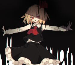 Rule 34 | 1girl, ascot, black skirt, black vest, blonde hair, collared shirt, commentary, darkness, frilled shirt collar, frilled skirt, frills, hair between eyes, hair ribbon, highres, long sleeves, open mouth, outstretched arms, red ascot, red eyes, red ribbon, ribbon, rumia, sachi-chan (yuojin), shirt, short hair, skirt, skirt set, smile, solo, spread arms, touhou, vest, white shirt