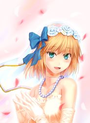 Rule 34 | 1girl, absurdres, bad id, bad pixiv id, blonde hair, bridal veil, dress, elbow gloves, female focus, gloves, green eyes, hair ribbon, highres, jewelry, mizuhashi parsee, necklace, open mouth, own hands together, pearl necklace, petals, ribbon, short hair, smile, solo, touhou, veil, wedding dress, white gloves, yonaga (masa07240)