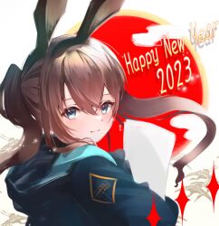 Rule 34 | 1girl, 2023, amiya (arknights), animal ears, arknights, black coat, blue eyes, blush, brown hair, chinese zodiac, closed mouth, clothes writing, coat, from side, happy new year, highres, hood, hood down, hooded coat, long hair, looking at viewer, looking to the side, new year, ponytail, rabbit ears, roki@, sidelocks, smile, solo, sparkle, upper body, year of the rabbit
