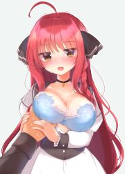 Rule 34 | 1boy, 1girl, 2021, :d, absurdres, ahoge, assertive female, black bow, black choker, blush, bow, braid, breasts, breasts out, choker, cleavage, collarbone, commentary request, cowboy shot, cross, cross choker, dated commentary, dracu-riot!, eyelashes, frilled sleeves, frills, gattengou, grabbing, grabbing another&#039;s breast, grabbing another's breast, guided breast grab, guiding hand, hair between eyes, hair bow, hair over breasts, hetero, highres, jitome, juliet sleeves, large breasts, long hair, long sleeves, looking at viewer, nose blush, open clothes, open mouth, open shirt, pov, pov hands, puffy sleeves, school uniform, shirt, sidelocks, simple background, single braid, smile, solo focus, standing, sweat, very long hair, white background, white shirt, yarai miu, yellow eyes