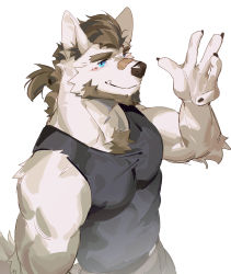 Rule 34 | 1boy, animal ears, bandaid, bandaid on face, bandaid on nose, bara, beard, beige fur, black tank top, blue eyes, blue sclera, body fur, brown hair, chest hair, colored sclera, dog boy, dog ears, facial hair, from above, furry, furry male, highres, large pectorals, looking at viewer, male focus, mature male, medium hair, muscular, muscular male, original, pectorals, seato-hao, snout, solo, tank top, thick eyebrows, tusks, waving