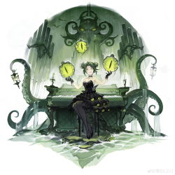 Rule 34 | 1girl, absurdres, antenna hair, black choker, black dress, black footwear, black gloves, black hair, black legwear, breasts, candle, chair, chinese commentary, choker, cleavage, commentary, double bun, dress, earrings, eyeball, full body, gloves, green hair, hair bun, highres, instrument, jewelry, jun ling, lantern, masterwork apocalypse, medium breasts, mole, mole under eye, multicolored hair, official art, parted bangs, piano, production art, r&#039;lyeh (masterwork apocalypse), sharp teeth, short hair, simple background, sitting, sketch, sleeveless, sleeveless dress, smile, solo, strapless, strapless dress, streaked hair, teeth, tentacles, unfinished, water, weibo watermark, white background, yellow eyes