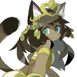 Rule 34 | &gt;:), 1girl, animal ear fluff, animal ears, bastet (p&amp;d), brown hair, cat ears, cat girl, cat tail, closed mouth, commentary request, crop top, dark-skinned female, dark skin, ear piercing, egyptian, egyptian clothes, green eyes, headpiece, heart, long hair, looking at viewer, looking to the side, midriff, paprika shikiso, piercing, puzzle &amp; dragons, simple background, smile, solo, tail, tail raised, v-shaped eyebrows, very long hair, white background