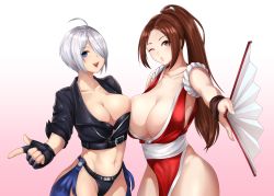 Rule 34 | 2girls, ahoge, angel (kof), bare shoulders, black jacket, blue eyes, breasts, brown eyes, brown hair, cleavage, collarbone, commentary request, cropped jacket, fatal fury, female focus, fingerless gloves, folding fan, gloves, gradient background, hair over one eye, hand fan, hand up, highres, holding, holding fan, jacket, kurone rinka, large breasts, lips, long hair, looking at viewer, matching hair/eyes, midriff, multiple girls, navel, ninja, one eye closed, open mouth, parted lips, pelvic curtain, pink background, ponytail, revealing clothes, shiny skin, shiranui mai, short hair, simple background, sleeves rolled up, smile, snk, stomach, the king of fighters, white hair, wink
