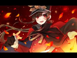 Rule 34 | 1boy, black cape, blush, cape, crest, falling petals, family crest, fate/grand order, fate (series), fiery hair, gloves, hat, highres, military hat, oda nobukatsu (fate), oda uri, open mouth, petals, red background, red eyes, red theme, sidelocks, solo, trap, upper body, yui (tamagohan)